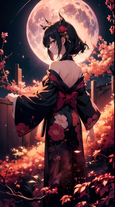 1 girl, Faintly emerge from the darkness, (looking over moon)),kimono, from back,full-body  , background blood full-moon,high re...