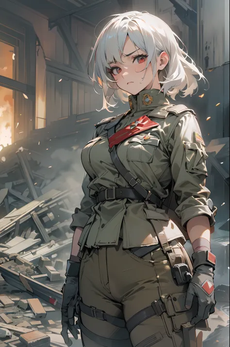 (best quality,4k,8k,highres,masterpiece:1.2),ultra-detailed,(realistic,photorealistic,photo-realistic:1.37),anime,war,woman,young woman,strong woman,short hair,hair tied back,white colored hair,red colored eyes,medium chest,small thighs,big body,WW2 clothe...