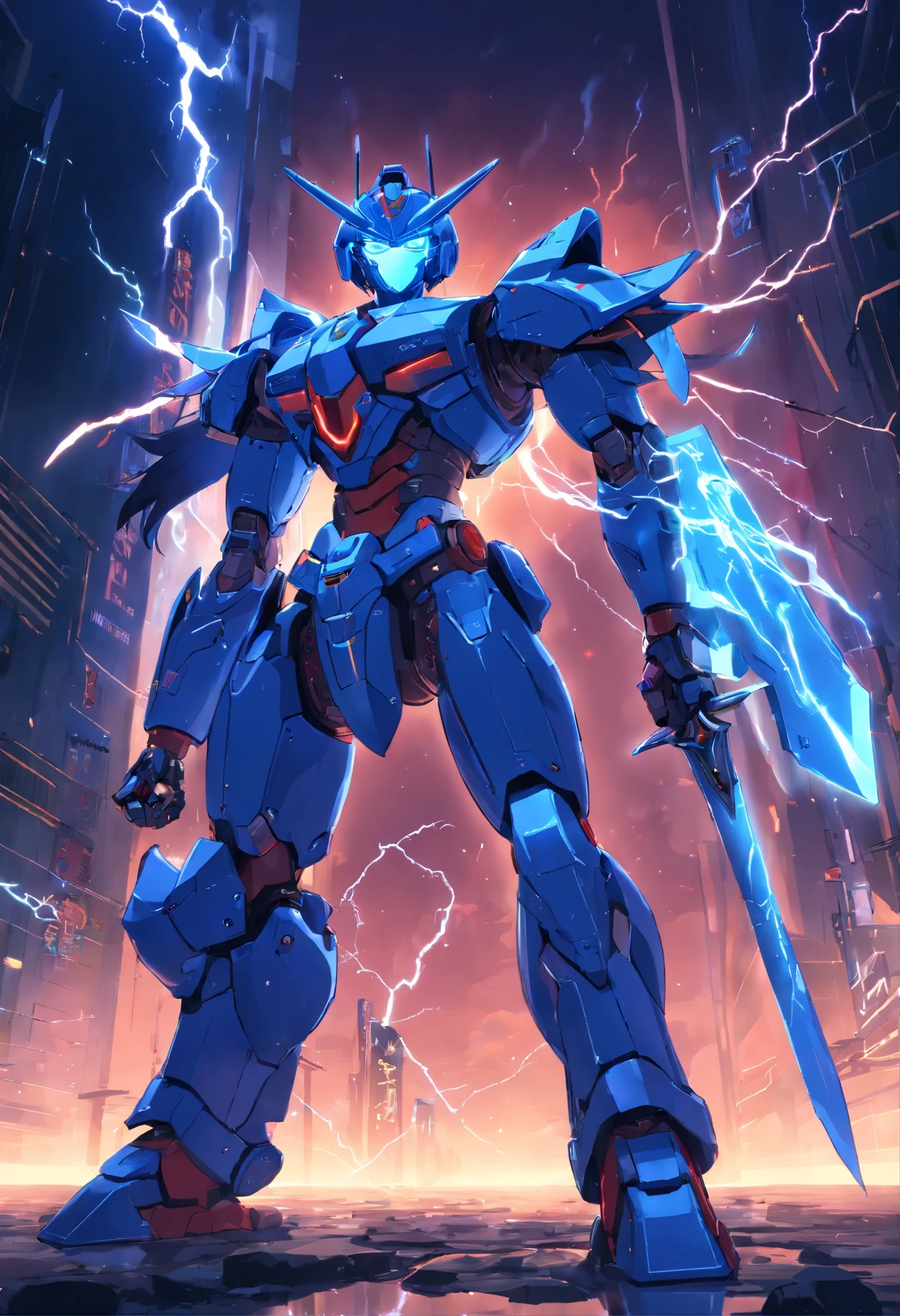 Blue Ghost Hunter, (Giant: 1.6), Super Cool Ghost Killer, Wearing blue mechanical armor, Surrounded by lightning, holding samurai sword, standing at front, super detailed, Realistic, shiny, Reflective, bio luminescent, Galaxy Control Mask, mechs, (The executioner was hanged:1.2), Cape, SH4G0D, GlowingRunes_Red, Full body, movie, Dark background, Backlight, High contrast, Advanced metropolis、cosmic space、Robots only