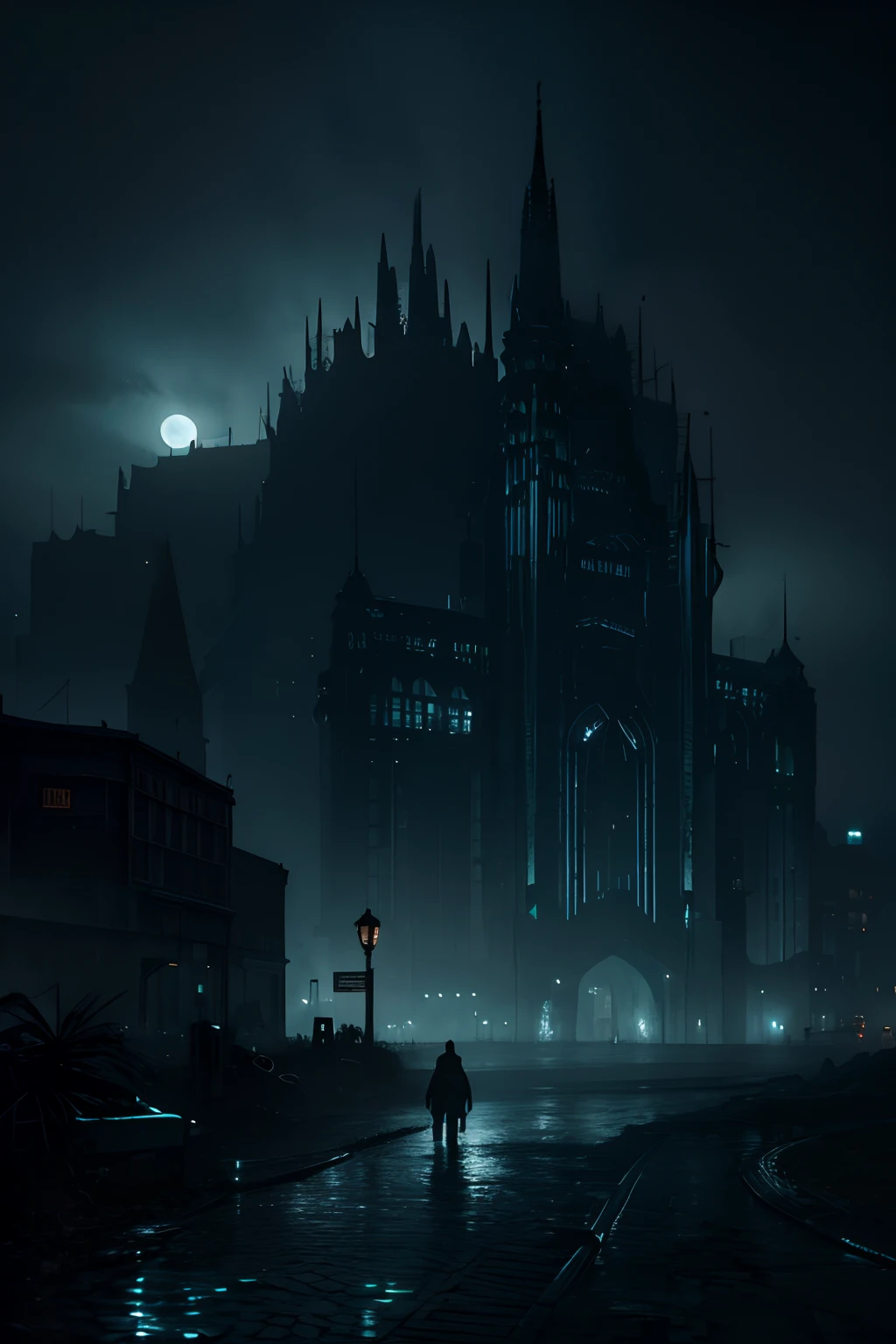 Silent dark city, all lights out, moon shining, eerie and gloomy, highly detailed, magnificent colours, stunning photography, photorealistic, soft pastel colours, highly detailed, intricate, path tracing, illustration, insanely detailed, shadow mapping volumetric light, specular lighting