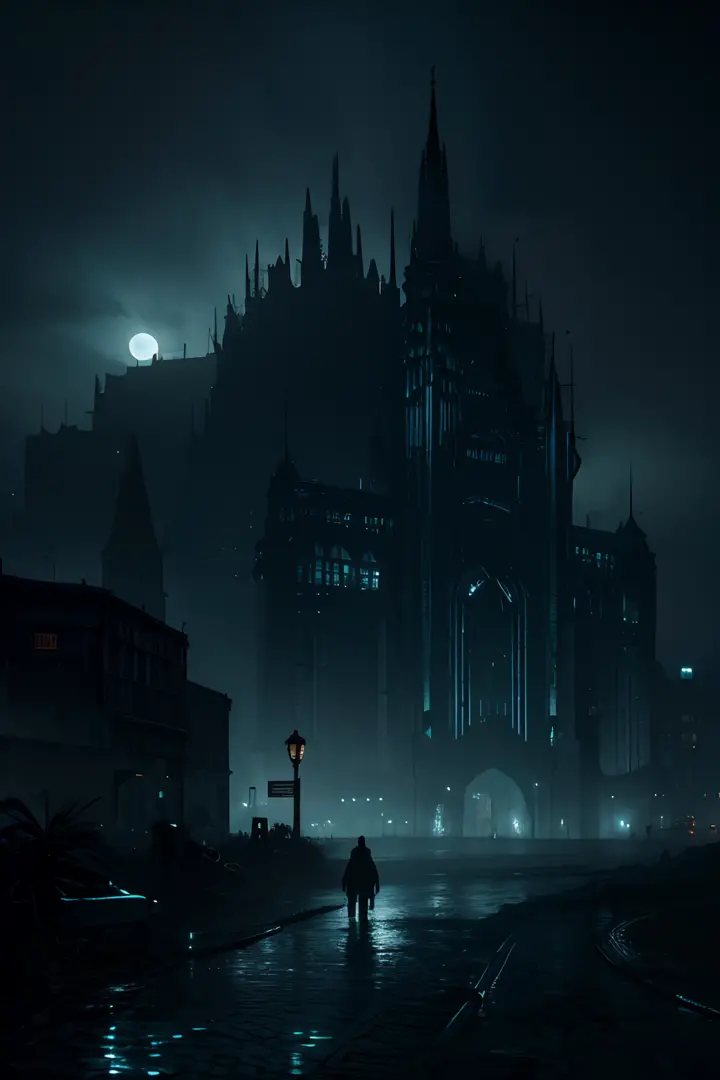 Silent dark city, all lights out, moon shining, eerie and gloomy, highly detailed, magnificent colours, stunning photography, ph...