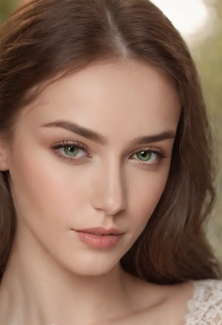 (photorealistic:1.37), woman with beautiful, long brown hair, stunning green eyes, and a slim physique, (realistic:1.37) detailed facial features including defined eyebrows, elegant eyelashes, and perfectly contoured lips. she is a 21-year-old girl with a ...