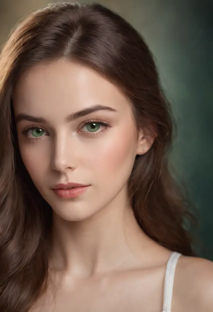 (photorealistic:1.37), woman with beautiful, long brown hair, stunning green eyes, and a slim physique, (realistic:1.37) detailed facial features including defined eyebrows, elegant eyelashes, and perfectly contoured lips. she is a 21-year-old girl with a ...