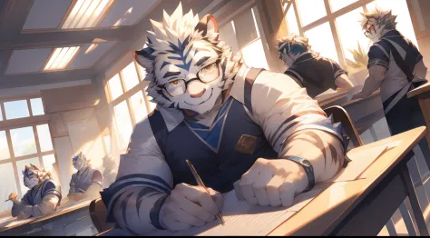 (by null-ghost, by thebigslick, By Darkgem, by Honovy), Kogenta (Onmyoji Oyamaji Temple), high high quality, Anthropomorphic white tiger, male people, 18yr old, Thick eyebrows, White fur, Strong body, large pecs, Red student uniform, wearing black rimmed g...