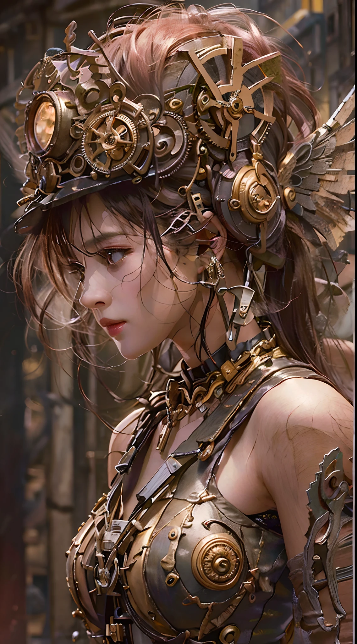 (melhor qualidade,4K,Uma alta resolução,obra de arte:1.2),Ultra-detalhado,(realista:1.37) Menina com peças mecânicas,vento steampunk,Detalhes delicados de relógio,Engrenagens e engrenagens de latão,Design bonito e complexo,(Asas mecânicas),Olhos brilhantes e tatuagens brilhantes,Lindos espartilhos e saias de metal,Gesto elegante e elegante,Fundo industrial com atmosfera esfumaçada,iluminação suave e quente,paleta de cores vintage,O corpo humano e os elementos mecânicos estão perfeitamente integrados