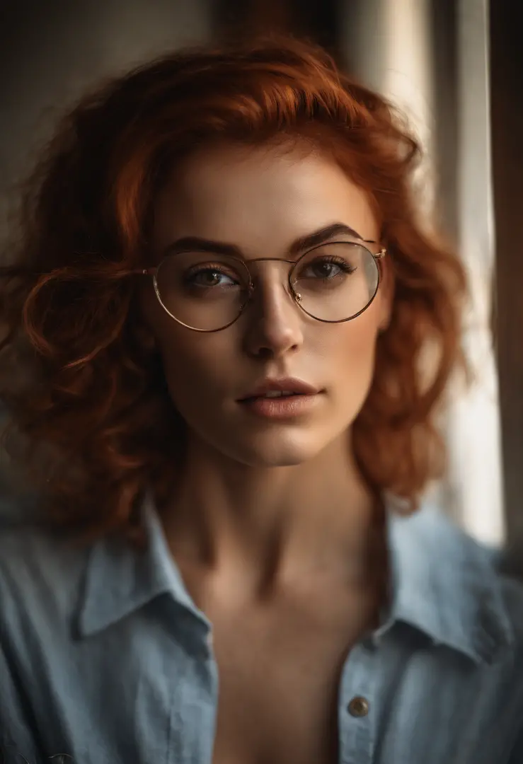 Highest Quality, masterpiece, (Split lighting photography), Highly detailed photo, of (attractive turk 25 years old lady with Luxuriant red hair), portrait, perfect face, brown eyes, (wearing shirt and bloomers:1.2), (highly detailed skin), freckles, (tatt...