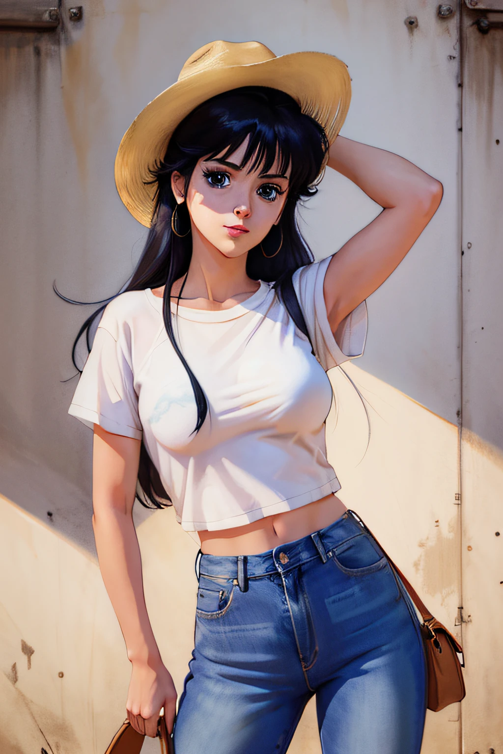 a girl in jeans and a white t-shirt, estilo anime, arte digital, cabelos pretos, luz e sombra, sombreamento detalhado, desenho digital 2D por Don Bluth" Wond na artstation, Pixiv, Gelbooru, Devineicts,