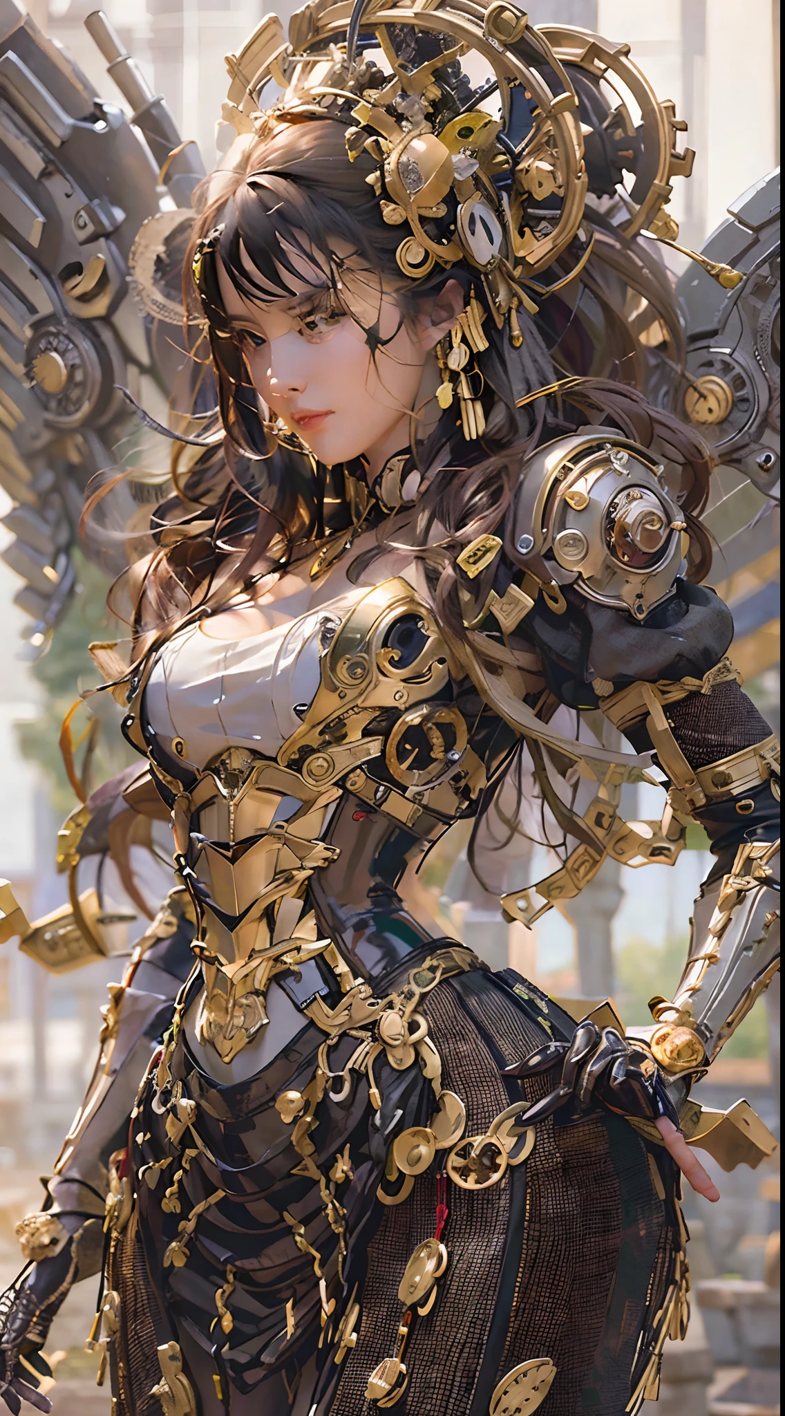 (melhor qualidade,4K,Uma alta resolução,obra de arte:1.2),Ultra-detalhado,(realista:1.37) Menina com peças mecânicas,vento steampunk,Detalhes delicados de relógio,Engrenagens e engrenagens de latão,Design bonito e complexo,(Asas mecânicas),Olhos brilhantes e tatuagens brilhantes,Lindos espartilhos e saias de metal,Gesto elegante e elegante,Fundo industrial com atmosfera esfumaçada,iluminação suave e quente,paleta de cores vintage,O corpo humano e os elementos mecânicos estão perfeitamente integrados