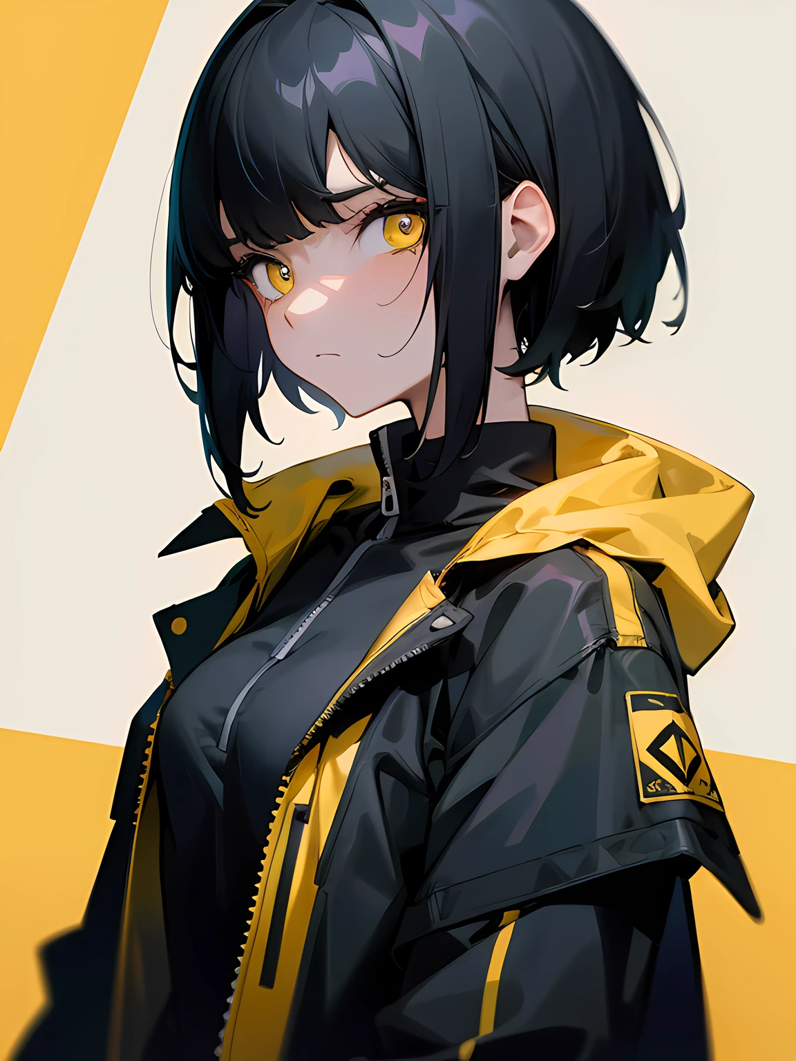 1girl, short black hair, yellow eyes, wearing a black jacket, sad, upper body shot, absurdres, high res, ultrasharp, 8k, masterpiece