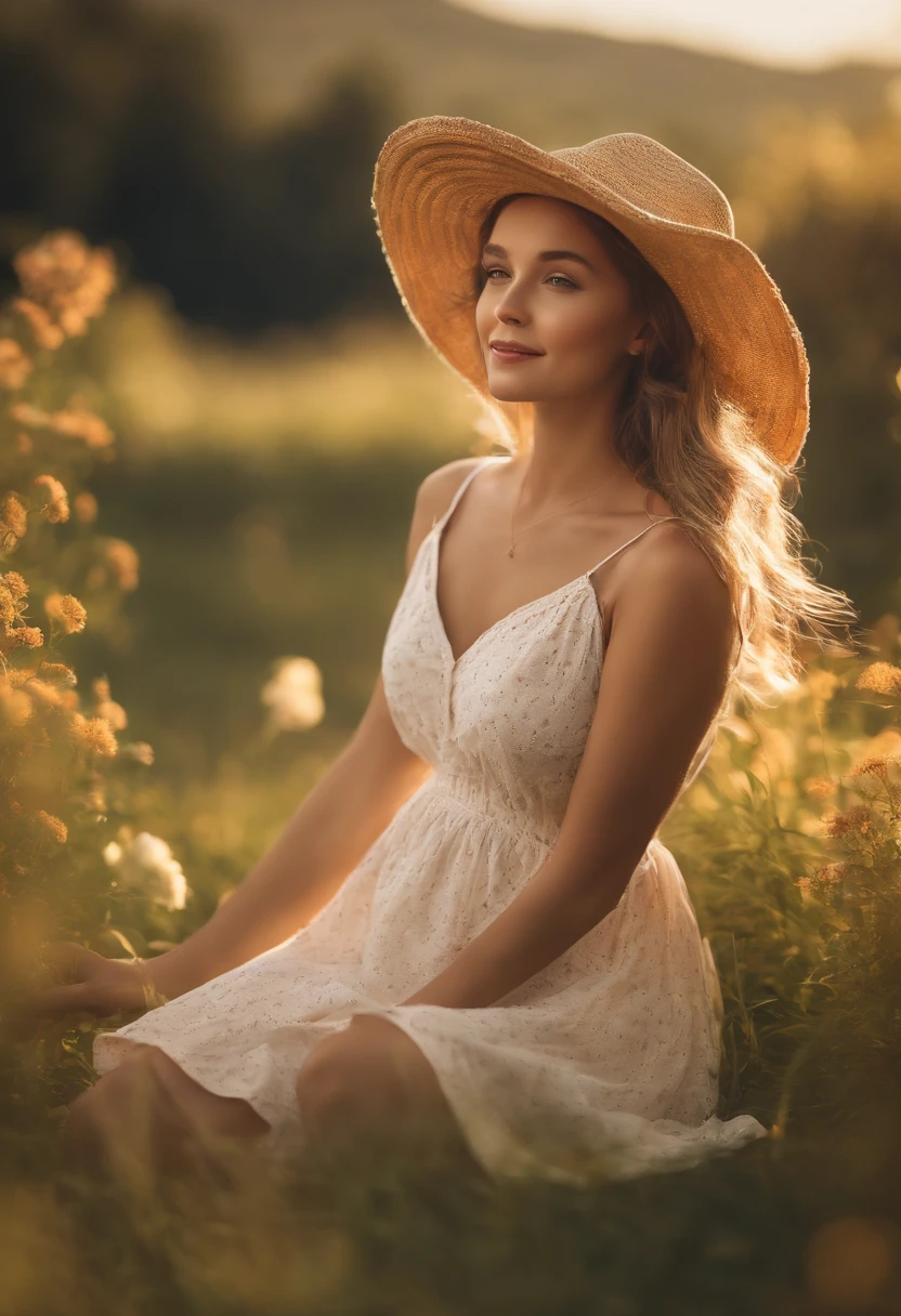 A woman in a white dress and straw hat sitting in a field - SeaArt AI