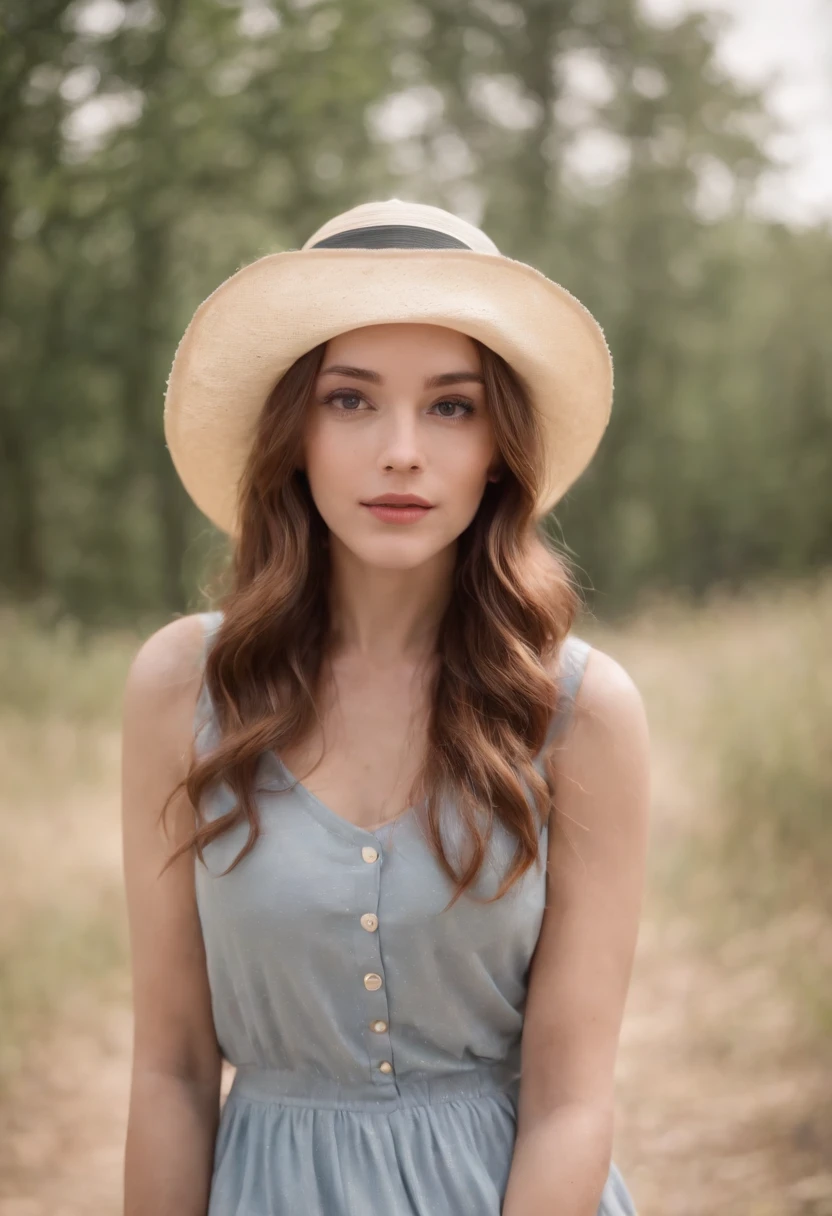 Una mujer con un vestido azul y un sombrero posa para una foto. - SeaArt AI