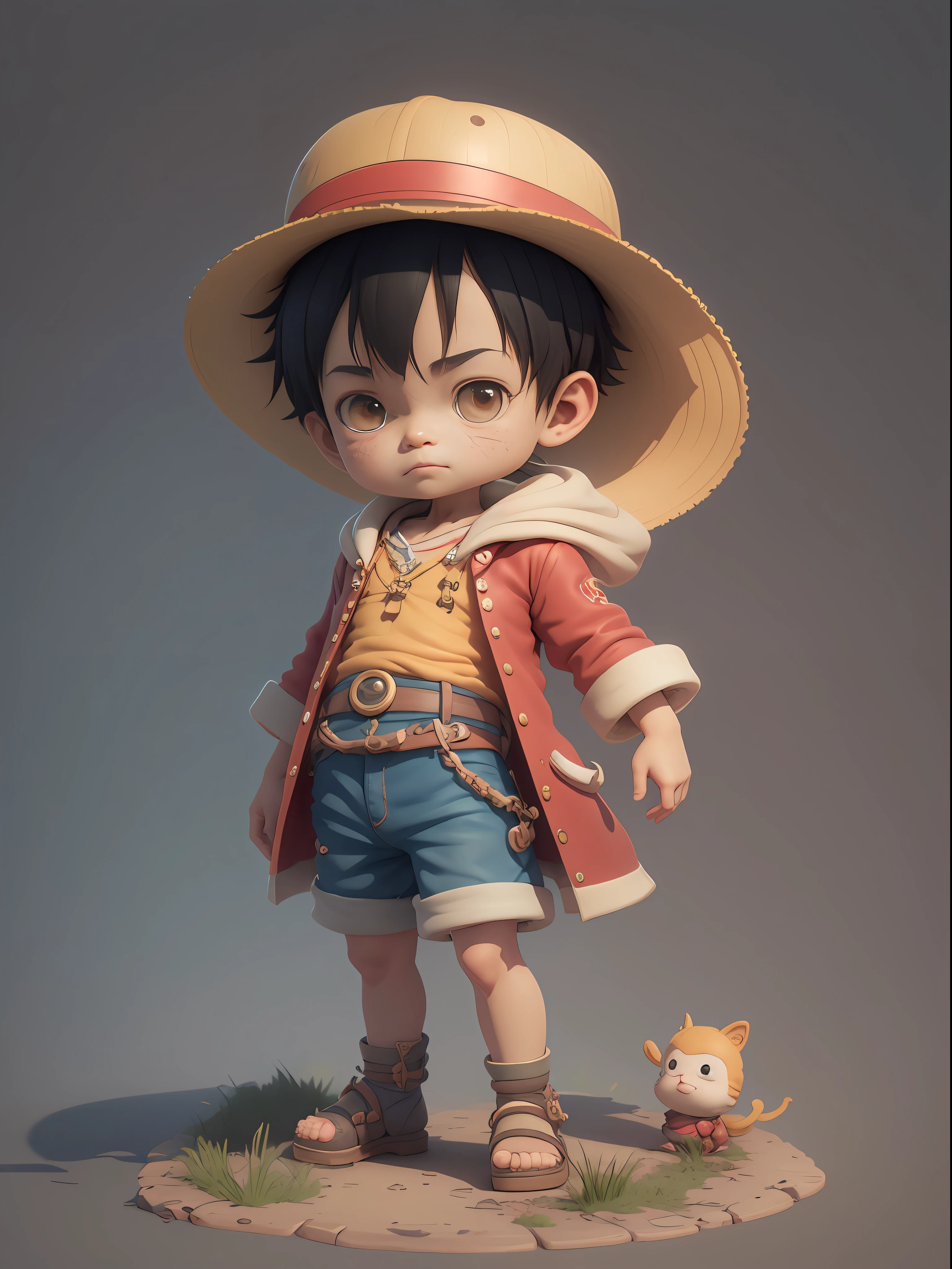 1남, 홀로, 귀여운 3d render, 귀여운 detailed digital art, male explorer mini 귀여운 boy, 귀여운 digital painting, 양식에 일치시키는 3d 렌더링, 귀여운 digital art, 귀여운 render 3d anime boy, 꼬마 해적 루피가 올려다본다, 귀여운! c4d, 초상화 애니메이션 바다 해적 소년, 그는 네 개의 단추가 달린 열린 긴팔 빨간 가디건을 입고 있습니다, 허리에 노란색 띠를 묶고, 커프스가 달린 파란색 반바지, 샌들.