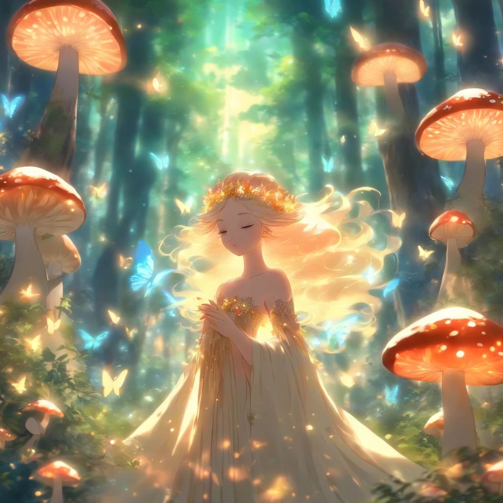 (best quality,ultra-detailed),mushroom forest queen goddess,ethereal,enchanted forest,beautiful detailed eyes,beautiful detailed lips,flowing gown,graceful pose,fairy wings,halo of light,magical crown,glowing mushrooms,whispering trees,mystical atmosphere,soft sunlight filtering through leaves,dreamlike colors,fantasy art,whimsical,mythical,otherworldly,lush vegetation,serene expression,alluring presence,harmony with nature,dancing with butterflies,luminous glow,transcendent beauty,majestic presence,enchanted beings,ethereal glow,tranquil aura,peaceful ambiance