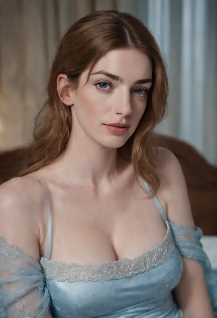Greek goddess，Large breasts，Golden hair，blue color eyes，Anne Hathaway，sit on a bed，Light blue nightdress