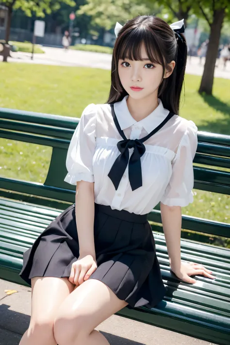 (ultra best quality、8K、masuter piece、delicate illustration、full body Esbian)、Dainty Japan schoolgirl、NSFW,（Sexy Body 1.3）、everyday clothes（a miniskirt）、Soft look、Twin-tailed black hair（With ribbon）、Sit on a park bench
