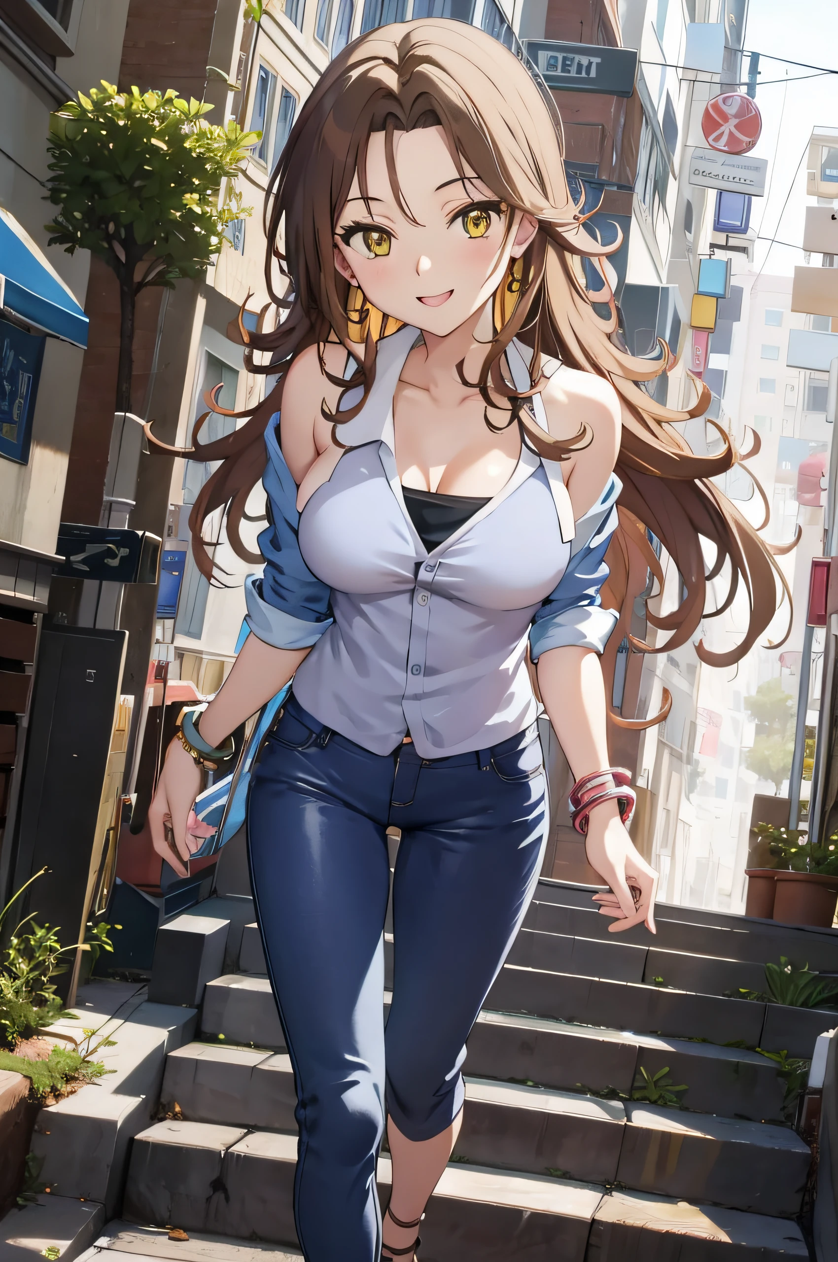 (masterpiece, best quality, detailed) ,1girl, solo, breasts, (brown hair:1.2), cleavage, jewelry, bracelet, yellow eyes,sumeragi lee noriega,blue jeans walking down the street,cute anime girl, pretty anime girl, smooth anime cg art, beautiful anime girl, attractive anime girl, ecchi anime style, seductive anime girl.teasing smile, clean detailed anime art,high resolution, (perfect hands, perfect anatomy),