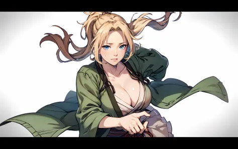 (blonde hair:1.4), blue eyes, low ponytail, letterboxed, 1girl, solo, breasts, japanese_clothes, cleavage, looking_at_viewer, jacket_on_shoulders, lips, upper_body, haori, collarbone,  large_breasts