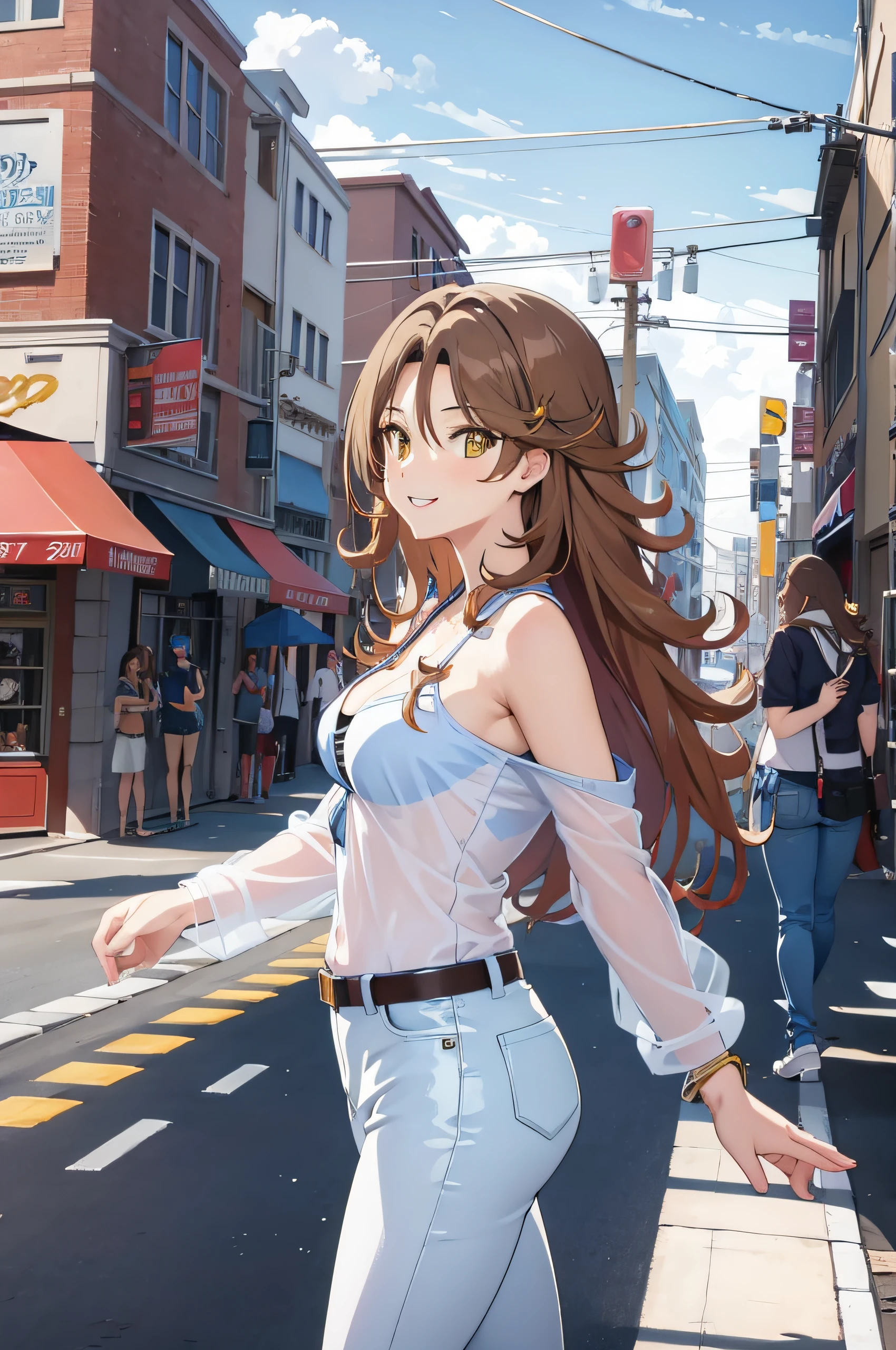 (masterpiece, best quality, detailed) ,1girl, solo, breasts, (brown hair:1.2), cleavage, jewelry, bracelet, yellow eyes,sumeragi lee noriega,blue jeans walking down the street,cute anime girl, pretty anime girl, smooth anime cg art, beautiful anime girl, attractive anime girl, ecchi anime style, seductive anime girl.teasing smile, clean detailed anime art,high resolution, (perfect hands, perfect anatomy),