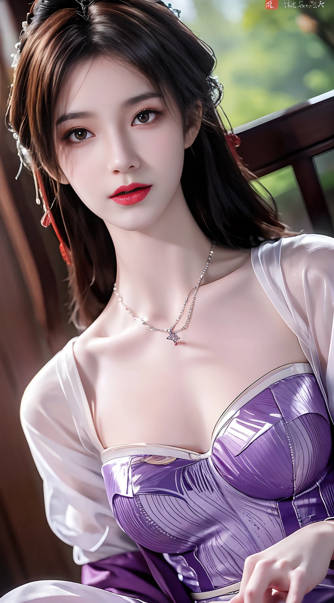 1 beautiful girl in Han costume, Thin purple silk shirt，white colors，The texture is diverse, white lace top, long platinum purple ponytail, hair adornments, ear jewelry, light purple rabbit ears, necklace and necklace, meticulously drawn large purple eyes, meticulous makeup, Thin eyebrows, High nose, lovely red lips, Without smiling, pursed lips, rosycheeks, Wide breasts, Big breasts , well-proportioned bust, Slim waist, purple mesh socks, chinese hanfu style, fictitious art textures, vivid and realistic colors, RAW photos, Realistic photos, ultra high quality 8k surreal photos, (effective fantasy light effect: 1.8), 10x pixel, Magic effects (Background): 1.8), Super detailed eyes, girl body portrait, Solo girl, ancient hanfu background,