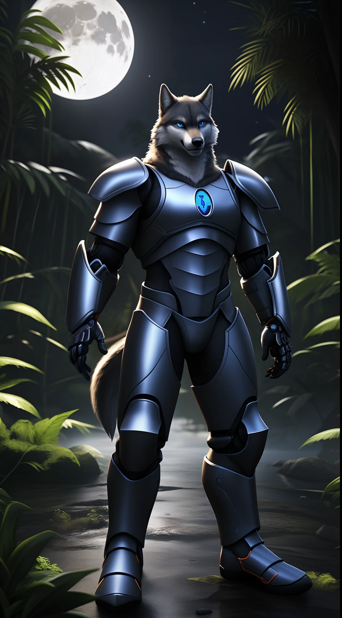 (melhor qualidade, ultra-realistic:1.2), olhos azuis, gráficos impressionantes, PlayStation 5 em 3D, Lobo solitário, vestindo uma armadura Cyborg, lua cheia ao fundo, floresta amazônica