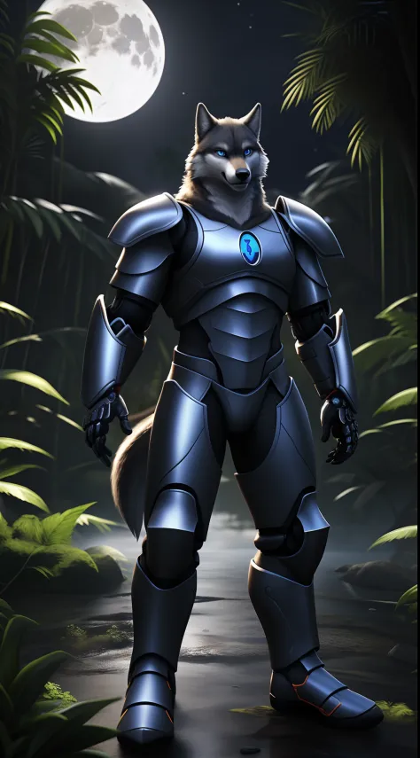 (best quality, ultra-realistic:1.2), blue eyes, stunning graphics, Playstation 5 in 3D, a lone wolf, wearing a Cyborg armor, full moon in the background, Amazon rainforest
