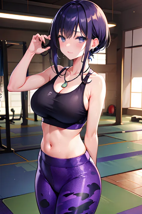 Reflection of the rising sun　fitness gym　yoga mats、full of sweat、Purple Fitness Bra　Use English characters、Camouflage pattern　Green leggings、Navel Ejection、 Black　Wave Shorthair、wrist watch、Colossal tits　Whip whip、sapphire earrings、Sports Necklaces、Looking...