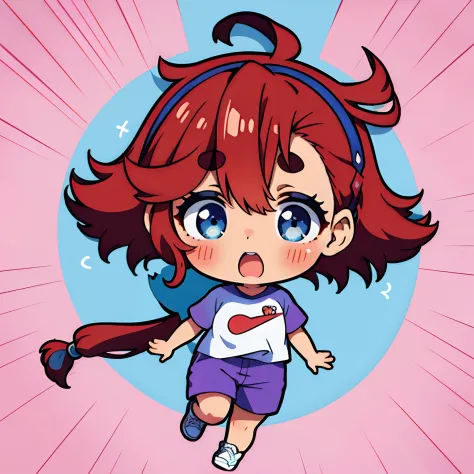 Chibi、high-level image quality、masutepiece, (Best Quality), (Best Illustration),1 girl in、white t-shirts、Bright purple shorts、White sneakers、Quite a flustered look、Open mouth、red blush、Sareta Mercury, Cobalt blue eyes, skin tanned, hair between eye, Lowere...