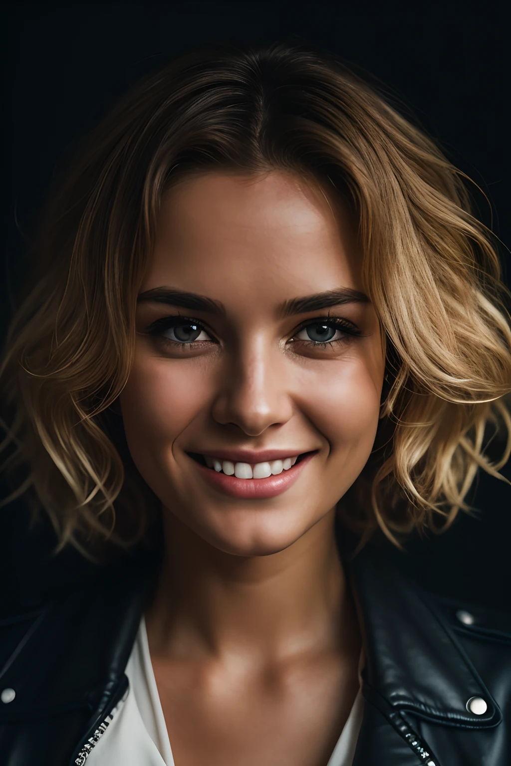 (close-up, editorial photography of a 30-year-old woman), (highly detailed face: 1.4) (smile: 0.7) (background inside a dark and moody private studio: 1.3) POV, by Lee Jeffries, Nikon D850, film photography, 4 kodak portra 400, f1.6 camera lens, rich colors, hyper realistic, realistic texture, dramatic lighting, cinestill 800, wavy hair, messy hair, curls, mocking smile, blonde hair, red locks, black eyes, white skin, black biker jacket, european expressions, european woman, european skin