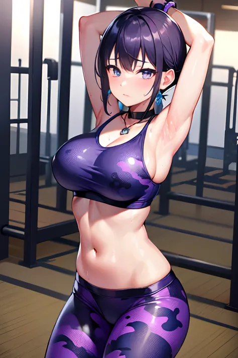 Reflection of the rising sun　fitness gym　yoga mats、full of sweat、Purple Fitness Bra　Use English characters、Camouflage pattern　Green leggings、Navel Ejection、 Black　Wave Shorthair、wrist watch、Colossal tits　Whip whip、sapphire earrings、Sports Necklaces、Farms c...