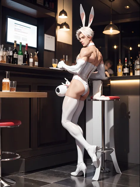 Full body photo of a male youth，White sexy latex clothing，Latex stockings，bunny ears，bunny tail，Raised sexy，Muscular body，Detailed portrayal of files，Knock on the buttocks，at a bar
