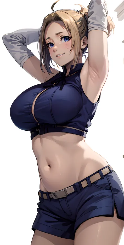 (blonde hair:1.4), blue eyes, low ponytail, (plump:1.2), 1girl, breasts, navel, large_breasts, solo, armpits, midriff, looking_at_viewer, arms_up, gloves, elbow_pads, elbow_gloves, parted_lips, white_background, sportswear, sleeveless, stomach, shorts, cow...