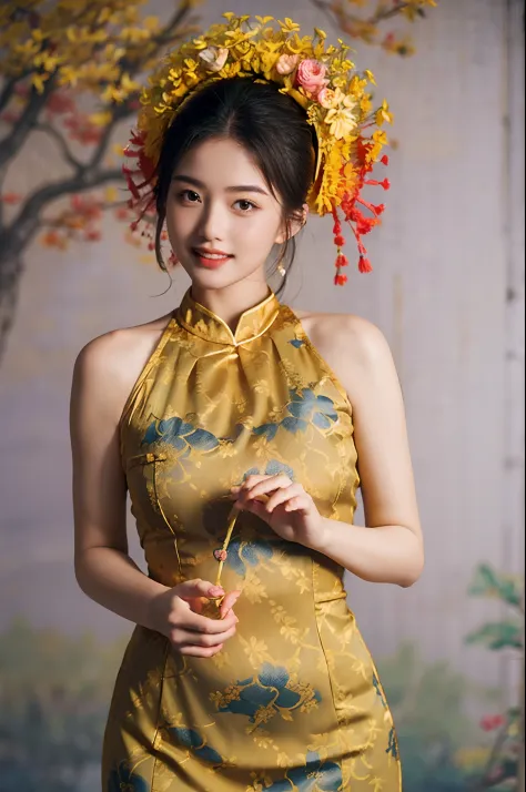 1 girl, smile, xunpu, chinese clothes, yellow dress, flower print, hair flower|blue, lake, floral , ((floral background))8k,,sex...