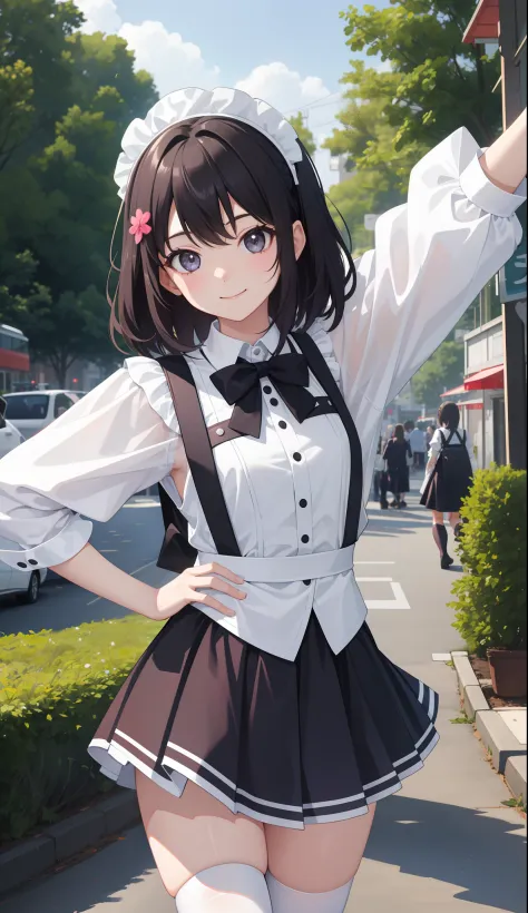 1girl in、AS-Adult、A smile、The shirt、Mini skirt、pantiy、（small tits）、doress、pinafore、Hair decoration、（Maid costume）、Walking with a thigh、Upper body portrait、