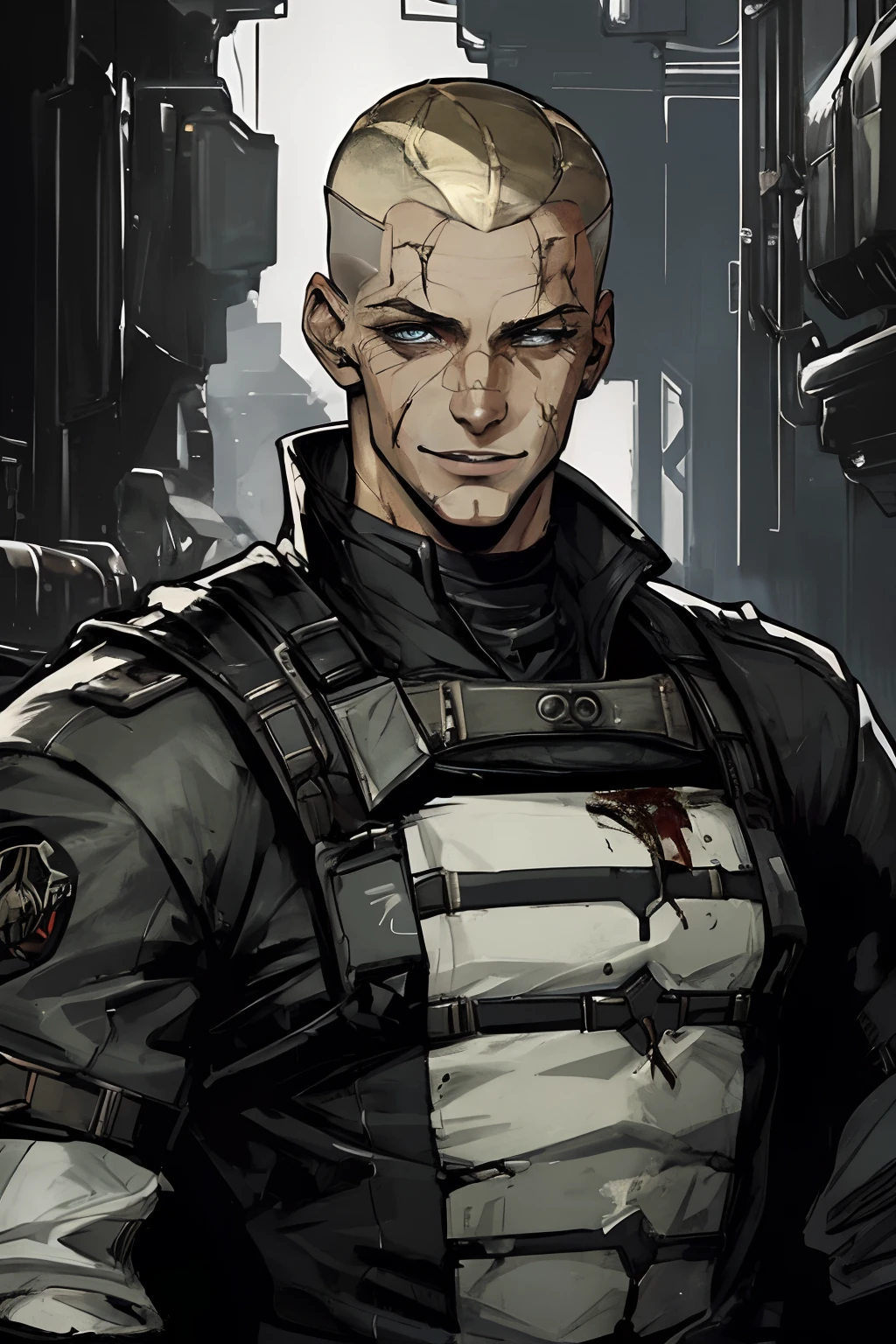 A badass rugged white young man in long ragged futuristic military