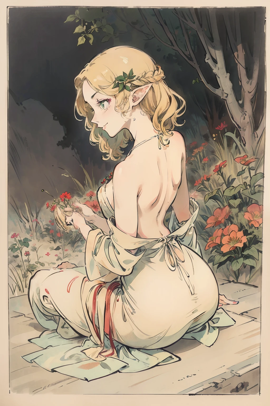 SFW,masutepiece, Best Quality, High resolution, 1girl in, Full body, Details Girl, detail hands, Detail fingers, Detail Face, detail legs, 1girl in, elf, Looking down, Flower Garden, Black sky, smog, watercolor paiting, pale skin, Petite, Blonde hair, Long hair, Wavy Hair, saddened, mournful smile, Green eyes, tareme, medium breasts, white sundress, Bare back, Kneeling, Planting trees