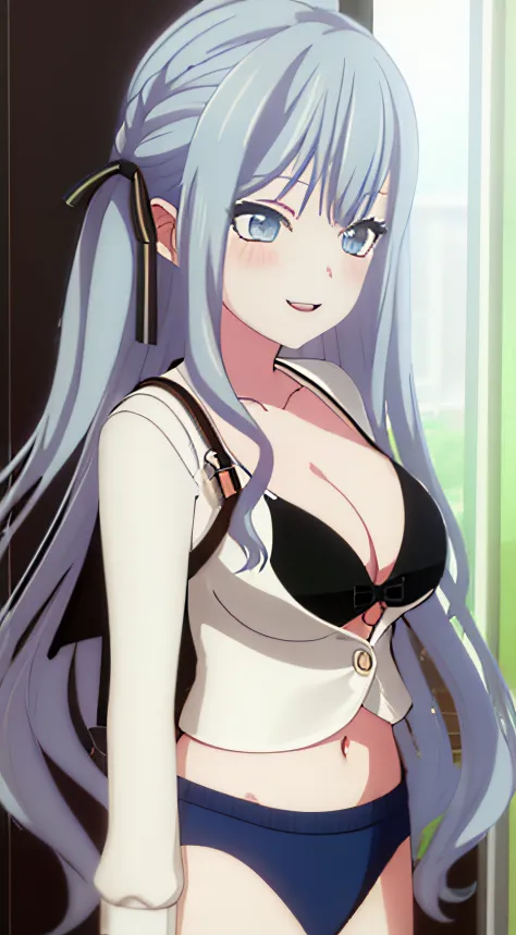 1girll, Breasts, Shooting _Fu Meixiang, Long_Hair, Solo,  girl with pink blue hair, Blue_Eyes, cleavage, Large_Breasts, Blush, shairband, Looking_at_peeping at the viewer, Open_Mouth, Smile, underwear, Hair_between_Eyes, 鎖骨, Bare_bshoulders, Bra, Bikini, s...