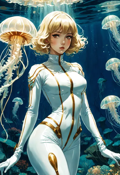 arte do anime,  Girl wearing tight white latex clothing,  gengibre,  sentado ao lado de uma grande janela submarina,  underwater...