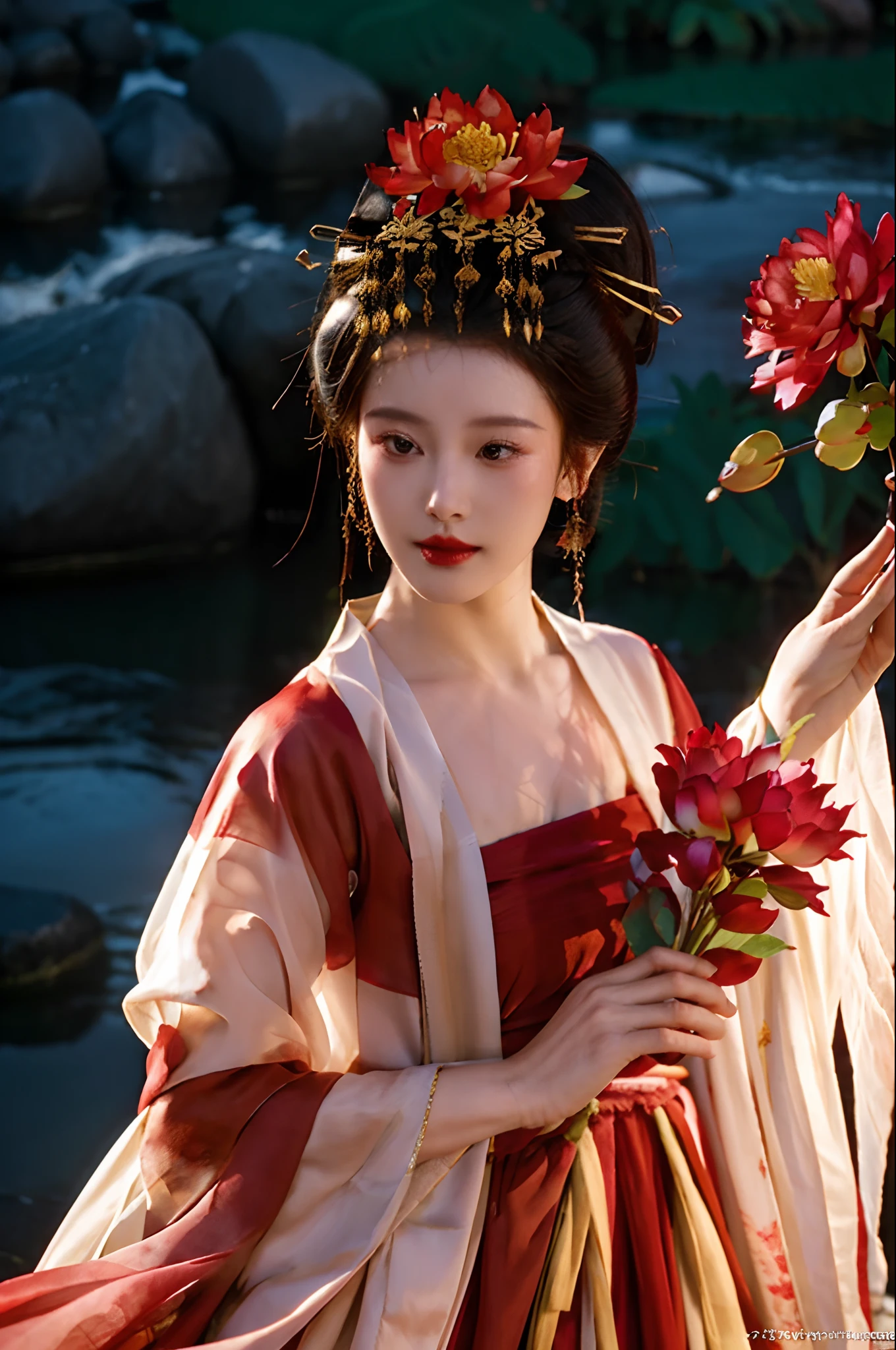 zanhua, Best quality, Masterpiece, 1 girl,Upper body, holding flower, Red flowers on the head, Wearing Hanfu, of red and white colors,  view the viewer,   Bird, flower, Black hair, ((Lotus)), Solo, hair adornments, water, Reflection, Daylight,  Cinematic light,