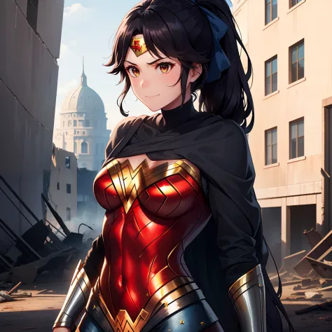 1girl,,big breasts,standing in ruined city,(8k),scratches,detailed face,black hair,brown eyes,very long hair,embarassed,small sm...