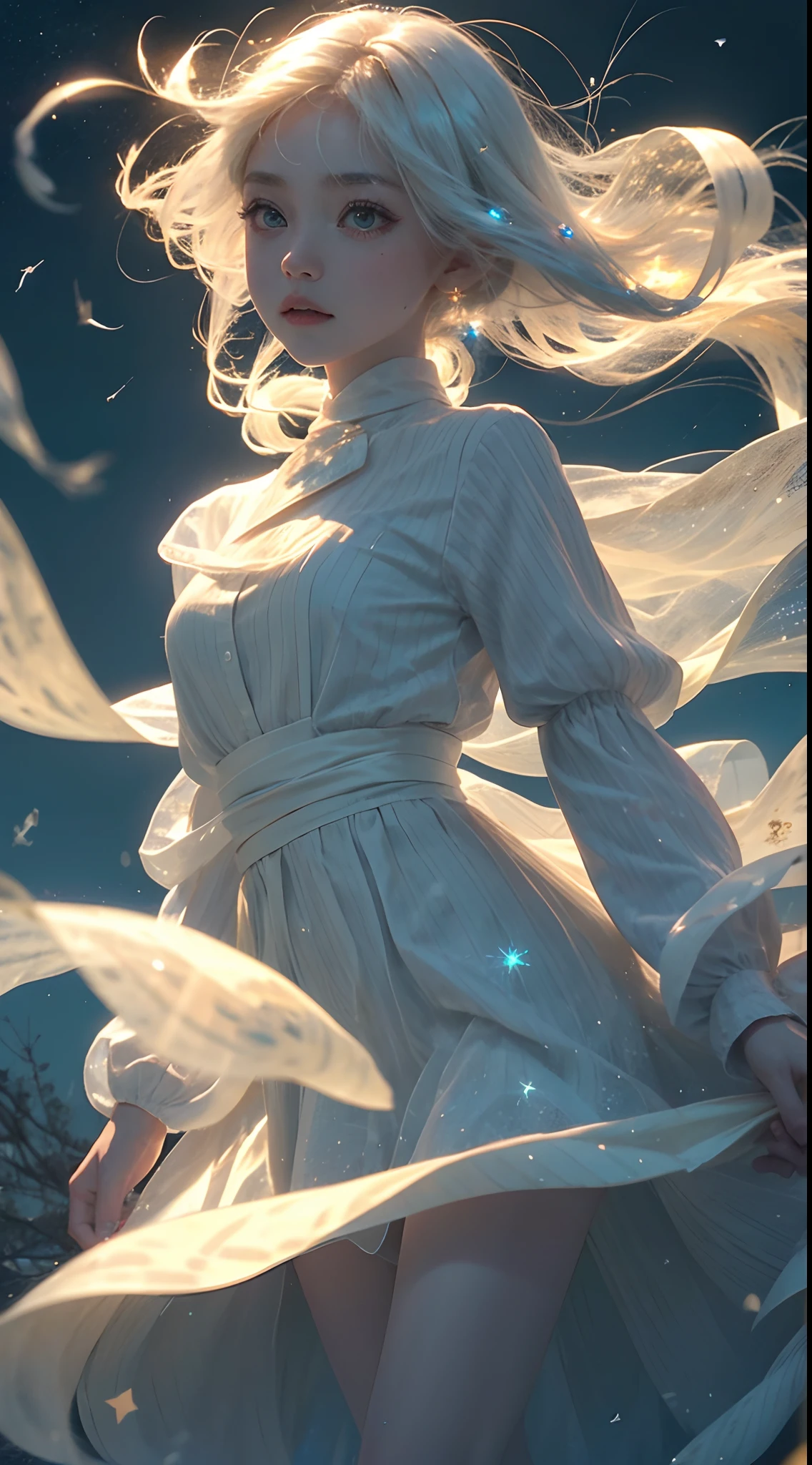 ,a girl walks on a path in the middle of the night and turns and looks at you with skin eyes that glow in the dark, eye aura, whit hair, long white dress that sways in the wind, sky with many stars