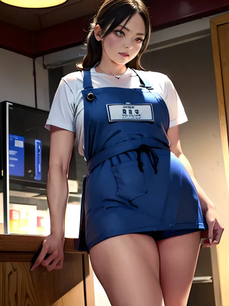 (masterpiece:1.3) 1girl, (female serial killer:1.5) (skinny with an ugly double_chin:1.3) working at Walmart, wearing an apron with topless under the apron, wide eyes, blood stains on clothes, short khaki shorts, big evil smile, (holding a knife:1.3), horr...