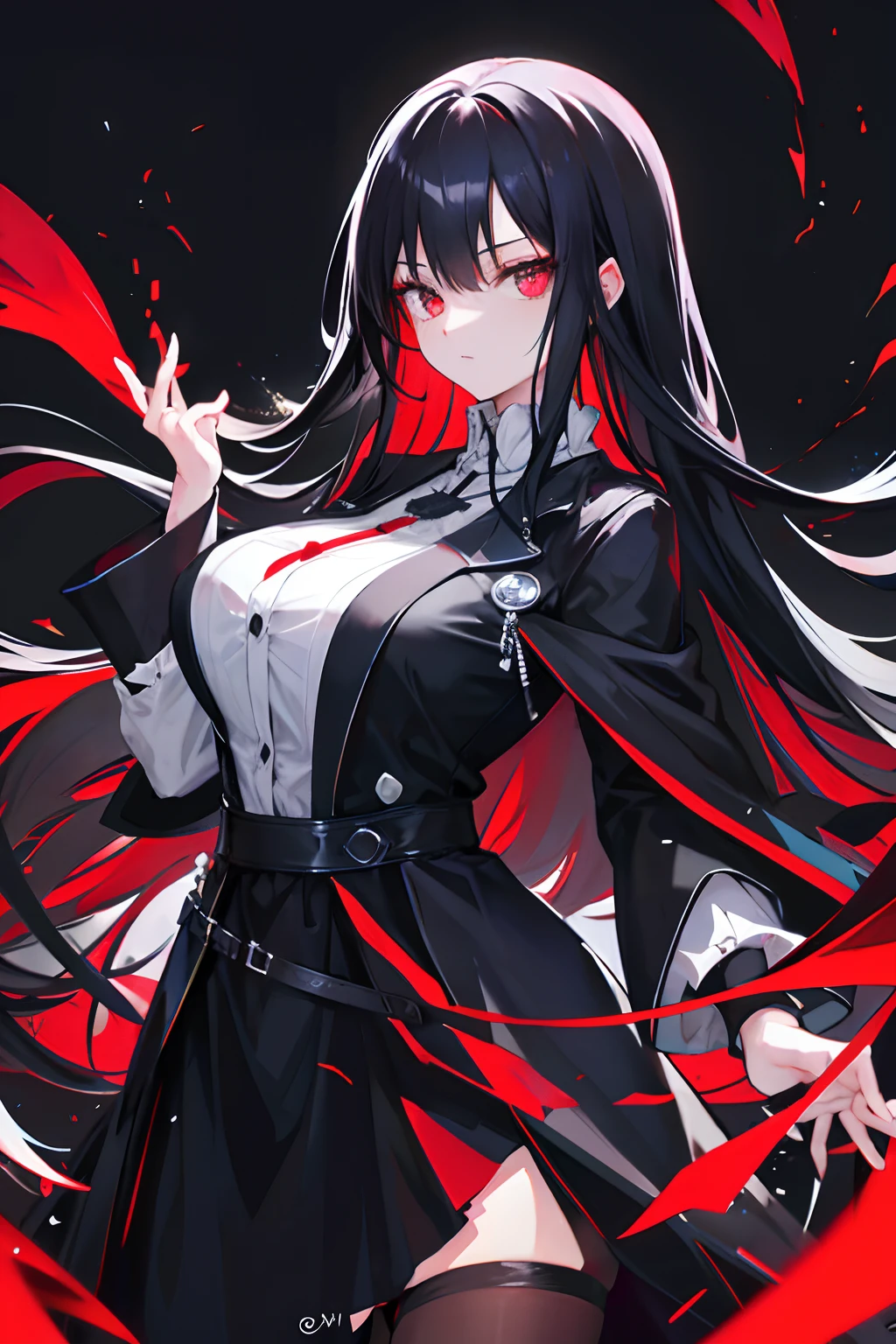 Anime girl with long black hair and red and white dress - SeaArt AI