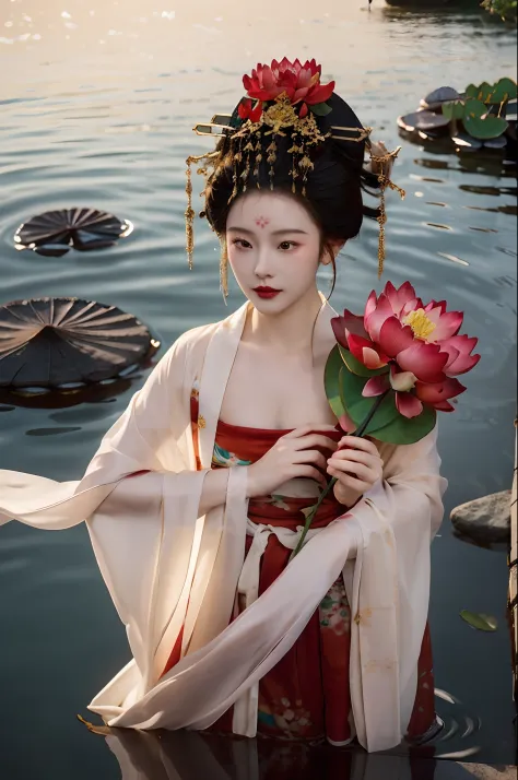 zanhua, Best quality, Masterpiece, 1 girl,Upper body, holding flower, Red flowers on the head, Wearing Hanfu, of red and white c...