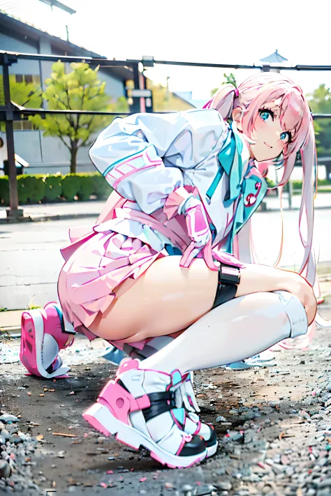 There is a woman kneeling in a pink and white costume, the anime girl is crouching, Anime girl cosplay, cosplay foto, Anime Cosplay, Cosplay, pink twintail hair and cyan eyes, twintails white_gloves, Haruno Sakura, Ayaka Cosplay, beautiful anime girl squat...