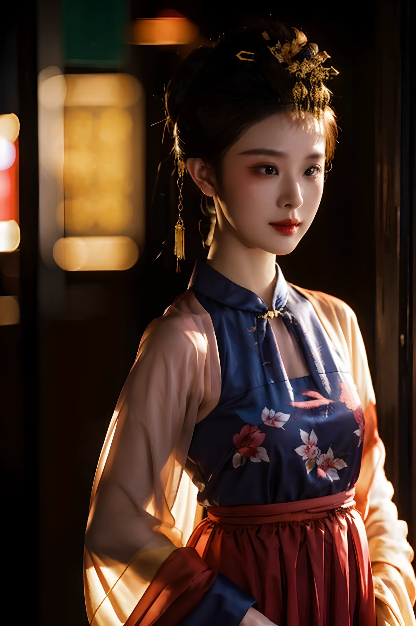 zanhua, Best quality, Masterpiece, 1 girl,Upper body, single hairbun,hair stick,Wearing a cheongsam, Solo, hair adornments, Cinematic light,