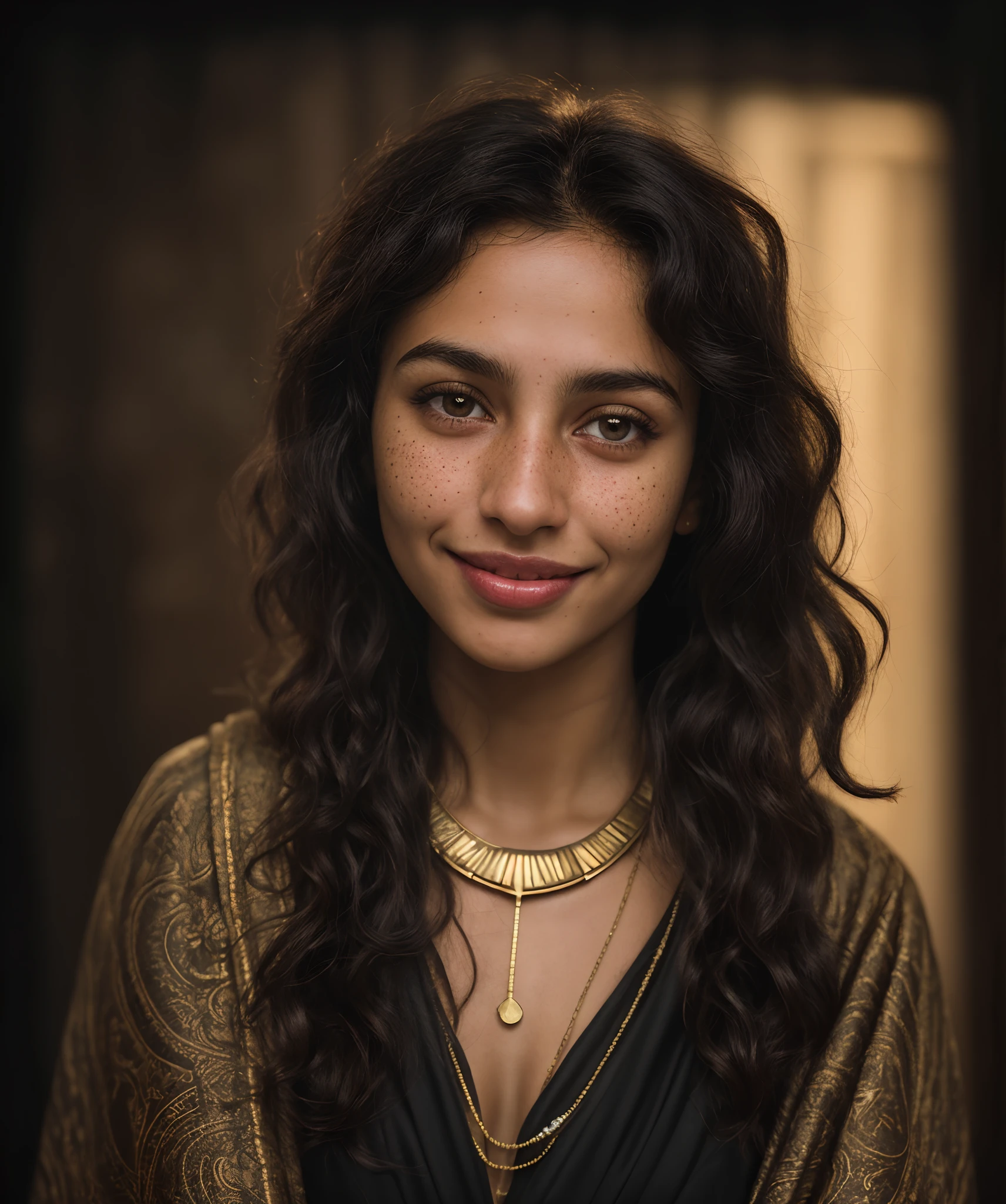 (close-up, editorial photograph of a 30 year old woman), (highly detailed face:1.4) (smile:0.7) (background inside dark, moody, private study:1.3) POV, by lee jeffries, nikon d850, film stock photograph ,4 kodak portra 400 ,camera f1.6 lens ,rich colors ,hyper realistic ,lifelike texture, dramatic lighting , cinestill 800, wavy hair, messy hair, egyptian girl, egyptian complexion, dark hair, black hair, night time, black eyes, brown skin, light brown skin, freckles, mischievous smile, absurdres, highres, masterpiece, arabian girl, arabian complexion, cloak made of night, dark cloak, cloak made with stars, jewels, necklace