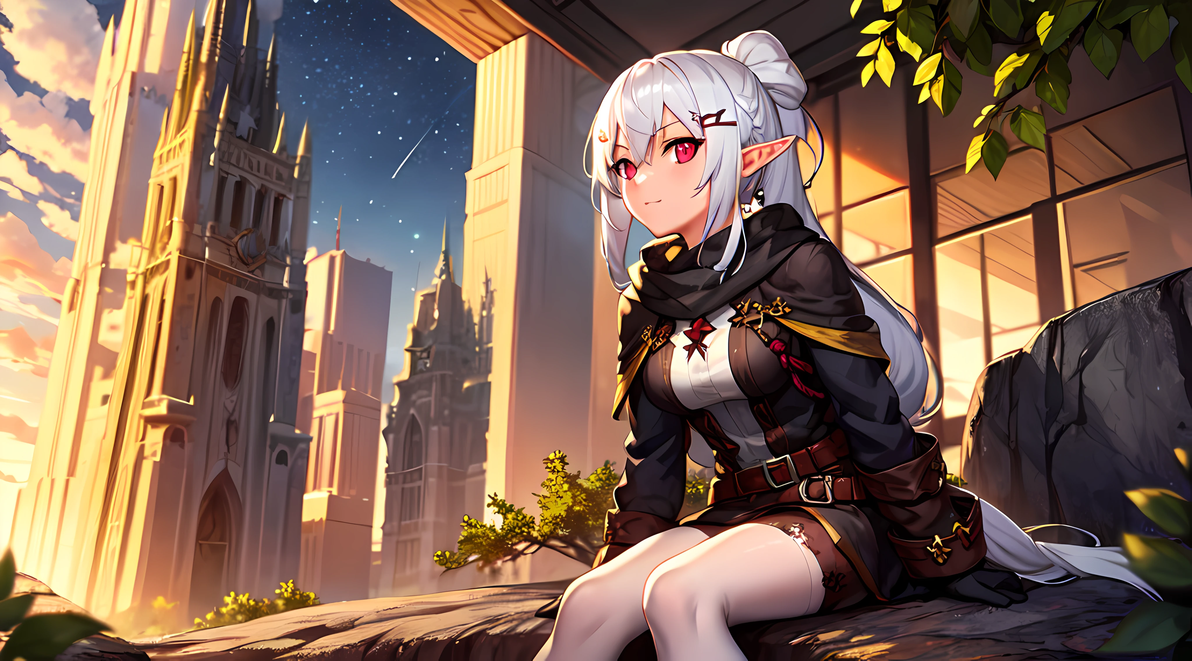 one girl, white hair, yellow eye, elf, medium breast, long ponytail hairstyle, adventure theme, sit on the rock, looking at the star