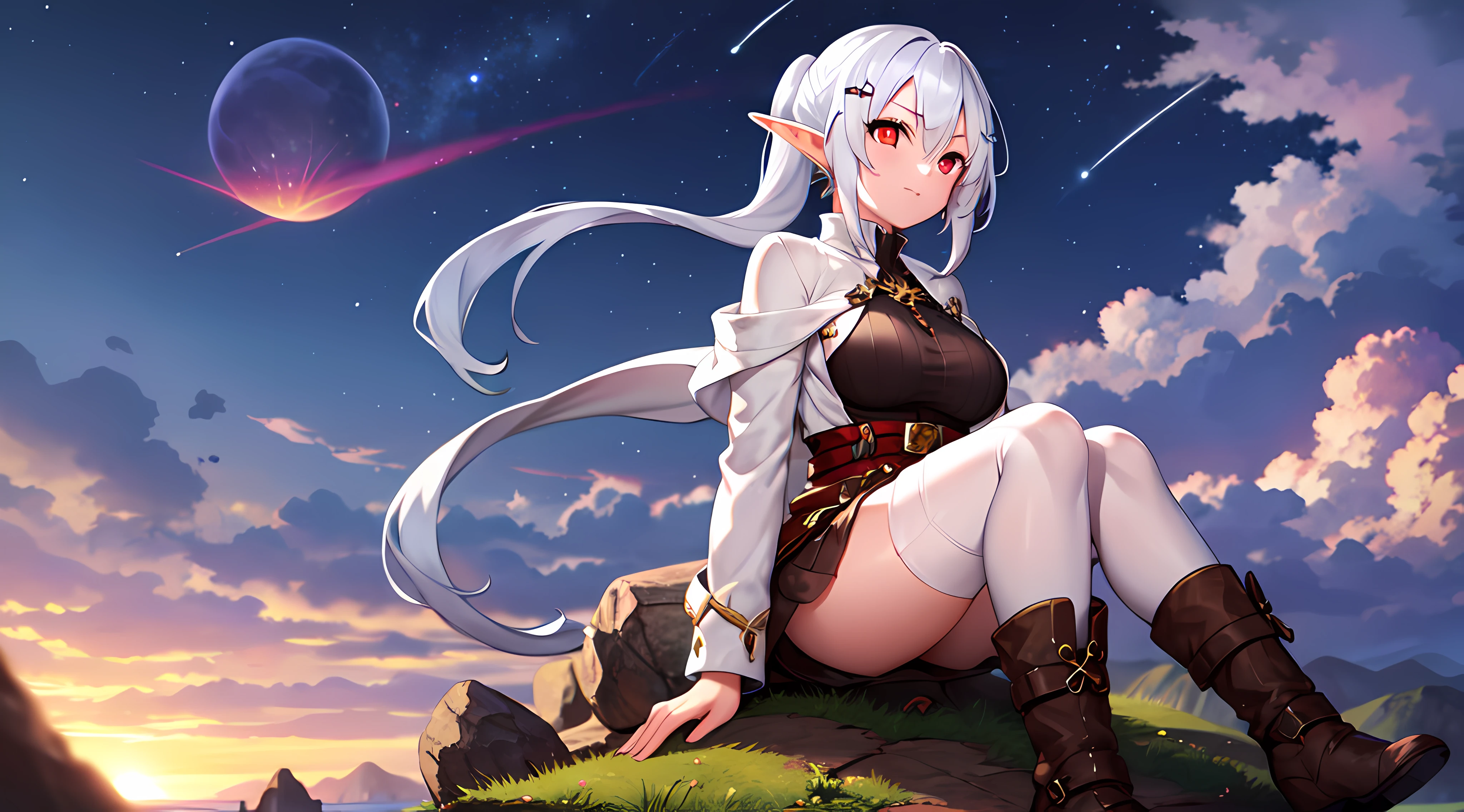 one girl, white hair, yellow eye, elf, medium breast, long ponytail hairstyle, adventure theme, sit on the rock, looking at the star