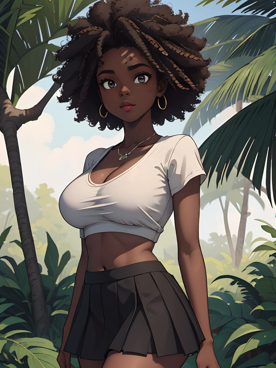 SFW, uploaded on e621, by Pixelsketcher, by Bayard Wu, by Thomas Benjamin Kennington , by Einshelm, solo anthro, ((face portrait)), BREAK, ((mini under boob tee, short skirt)), natural park, ((wearing bra, showing belly button)), ((huge afro)),(detailed Bonifasko lighting), (detailed skin), (detailed deep ebony skin), (dark skin, ebony, deep ebony), (her own arm holding her own head), BREAK, ((mini under boob tee, short skirt)), ((natural park)), ((facing viewer)), (cinematic lighting), ((detailed background)), ((face portrait view)), (((portrait view))), (half body shadow), [backlighting], [crepuscular ray], [detailed ambient light], [gray natural lighting], [ambient light], (higher detail), [explict content], [sharp focus], (questionable content), (shaded), ((masterpiece), her own arms holding her own head, medium breasts, african girl, African face, African Art, African Art, Commission for High Res, African Art, Art,Sakimichan beautiful, masterpiece, medium breasts, best quality, detailed image, bright colors, detailed face, perfect lighting, perfect shadows, perfect eyes, girl focus, eyes, flawless face, medium breasts, face focus, (huge afro)) African, African girl, dark skin, deep ebony woman, ebony nose, sexy mouth, gaze at the viewer, eyes, 1girl, solo, (masterpiece), (best quality), (illustration), (cinematic lighting), detailed dark skin, balanced coloring, global illumination, ray tracing, good lighting, deep ebony, African, showing breasts, cleavage, looking at viewer, seductive look, SFW