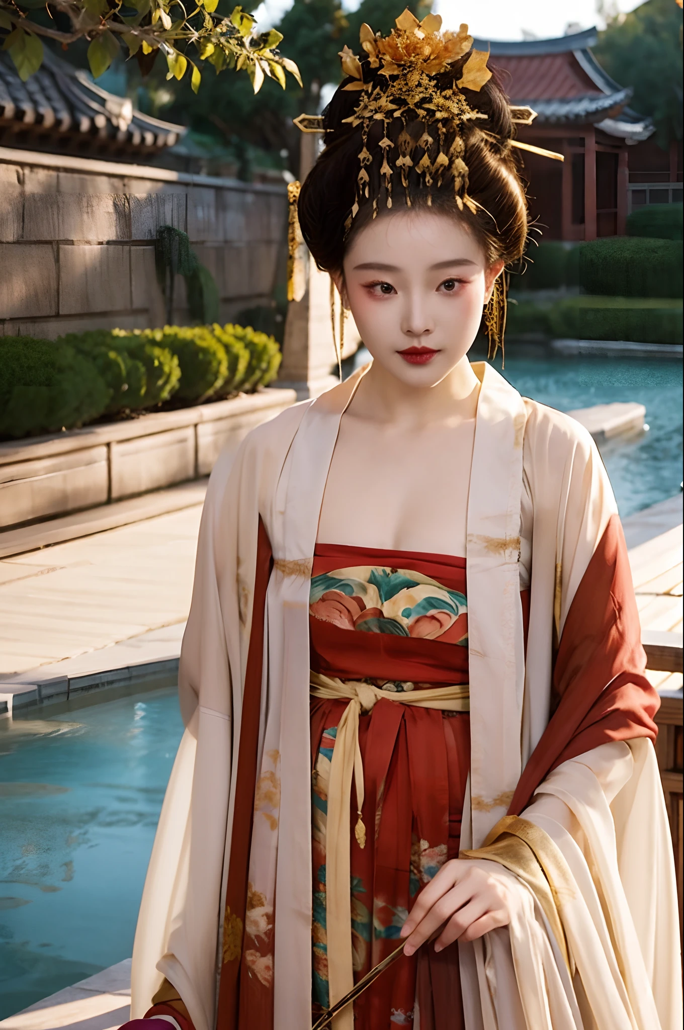 zanhua, Best quality, Masterpiece, 1 girl,Upper body,single hairbun,gold hairsticks on the head, Wearing Hanfu,